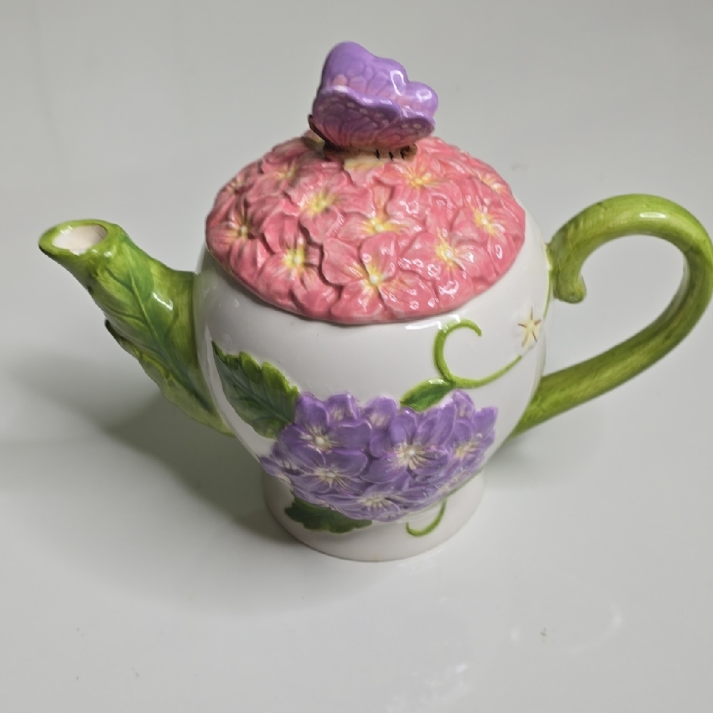 Floral Ceramic Teapot with Pink and Purple Accents